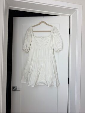 Wayf Cream Puff-Sleeve Tiered Mini Dress
